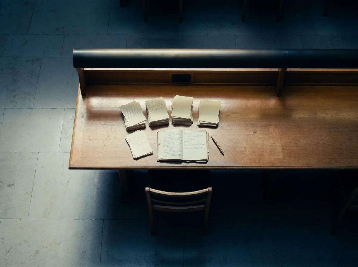 A quiet study desk lit by a single lamp