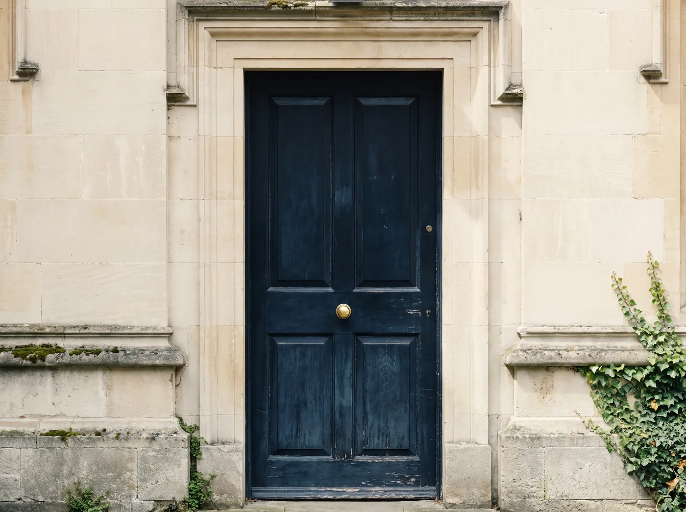 A carved wooden door standing ajar in a courtyard wall
